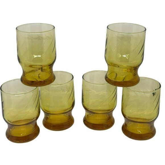VTG Anchor Hocking Set 6 MCM Optic Swirl Footed Tumblers 4"x2.5" Amber Glasses - Picture 1 of 8